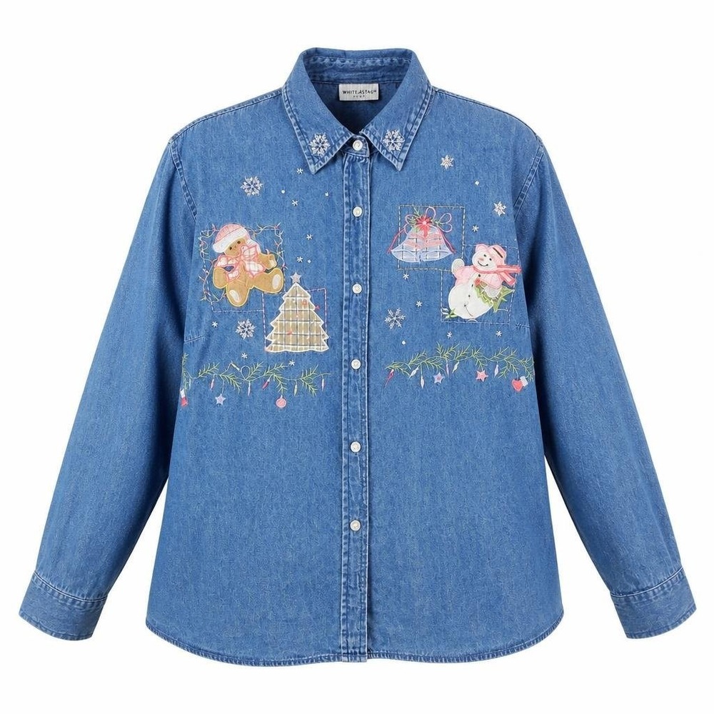 Christmas Denim Shirt Womens 22W 24W Embroidered Applique Grandmacore